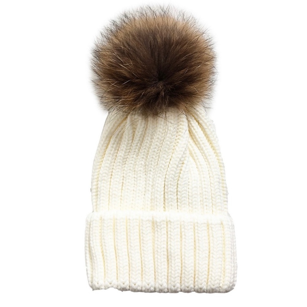 Raccoon Fur Pompom Cream Hat